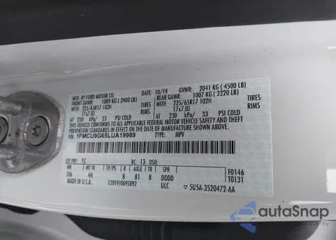 2020 Ford Escape Se из США, поврежденный, VIN 1FMCU9G65LUA19989